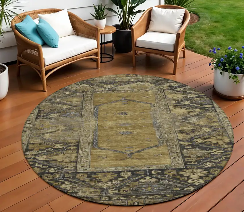 8' Brown And Charcoal Round Oriental Washable Indoor Outdoor Area Rug Photo 2