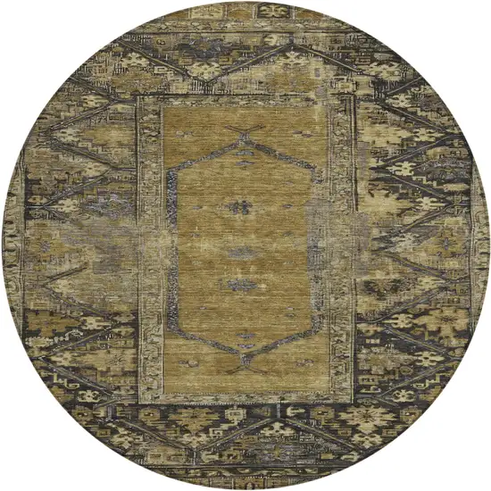 8' Brown And Charcoal Round Oriental Washable Indoor Outdoor Area Rug Photo 1