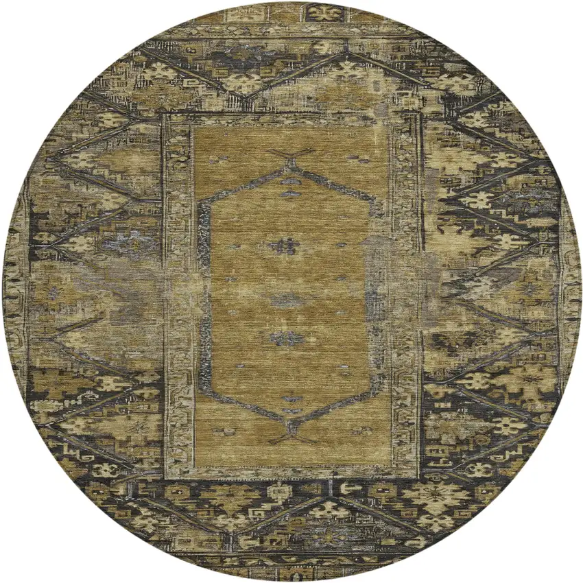 8' Brown And Charcoal Round Oriental Washable Indoor Outdoor Area Rug Photo 1