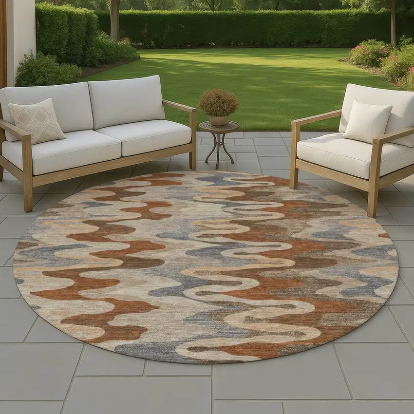 8' Brown And Chocolate Round Abstract Washable Indoor Outdoor Area Rug Photo 4