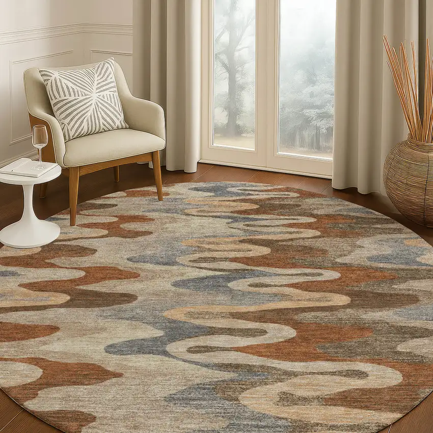 8' Brown And Chocolate Round Abstract Washable Indoor Outdoor Area Rug Photo 5