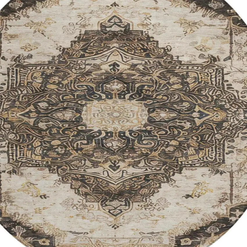 8' Brown And Chocolate Round Floral Medallion Washable Indoor Outdoor Area Rug Photo 2