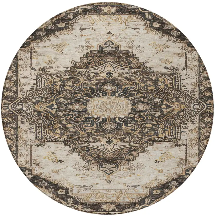 8' Brown And Chocolate Round Floral Medallion Washable Indoor Outdoor Area Rug Photo 1