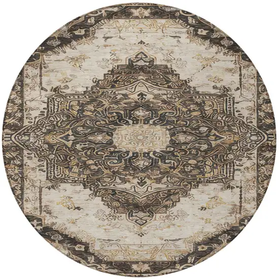 8' Brown And Chocolate Round Floral Medallion Washable Indoor Outdoor Area Rug Photo 1