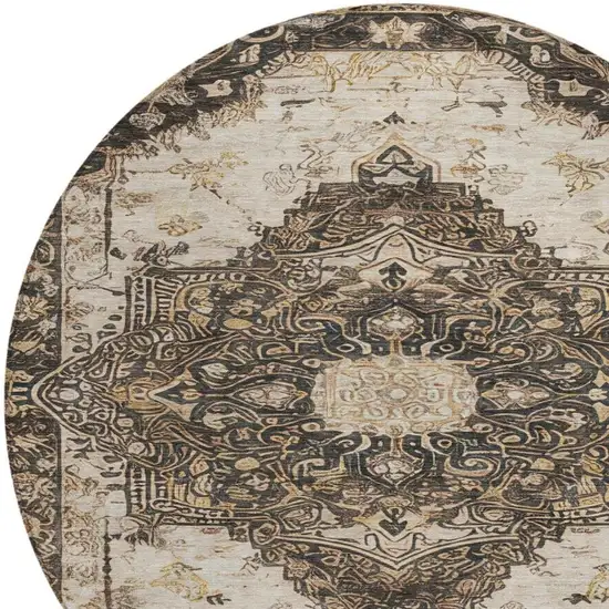 8' Brown And Chocolate Round Floral Medallion Washable Indoor Outdoor Area Rug Photo 4
