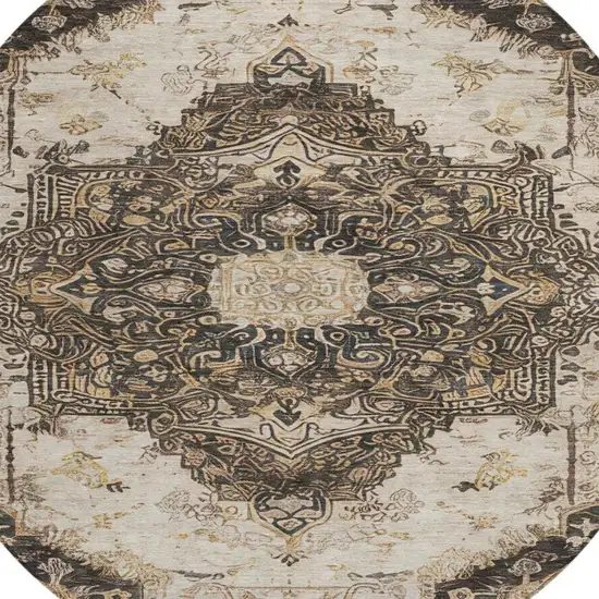 8' Brown And Chocolate Round Floral Medallion Washable Indoor Outdoor Area Rug Photo 7