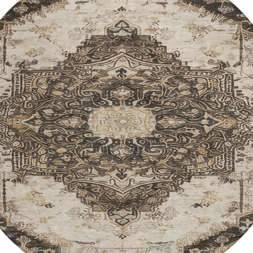 8' Brown And Chocolate Round Floral Medallion Washable Indoor Outdoor Area Rug Photo 7