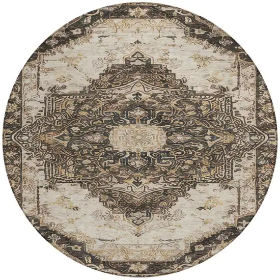 8' Brown And Chocolate Round Floral Medallion Washable Indoor Outdoor Area Rug Photo 6