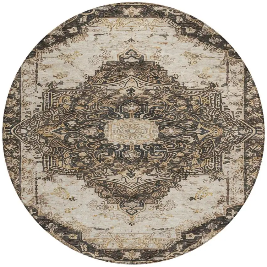 8' Brown And Chocolate Round Floral Medallion Washable Indoor Outdoor Area Rug Photo 6