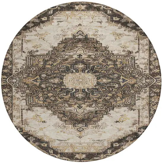 8' Brown And Chocolate Round Floral Medallion Washable Indoor Outdoor Area Rug Photo 3