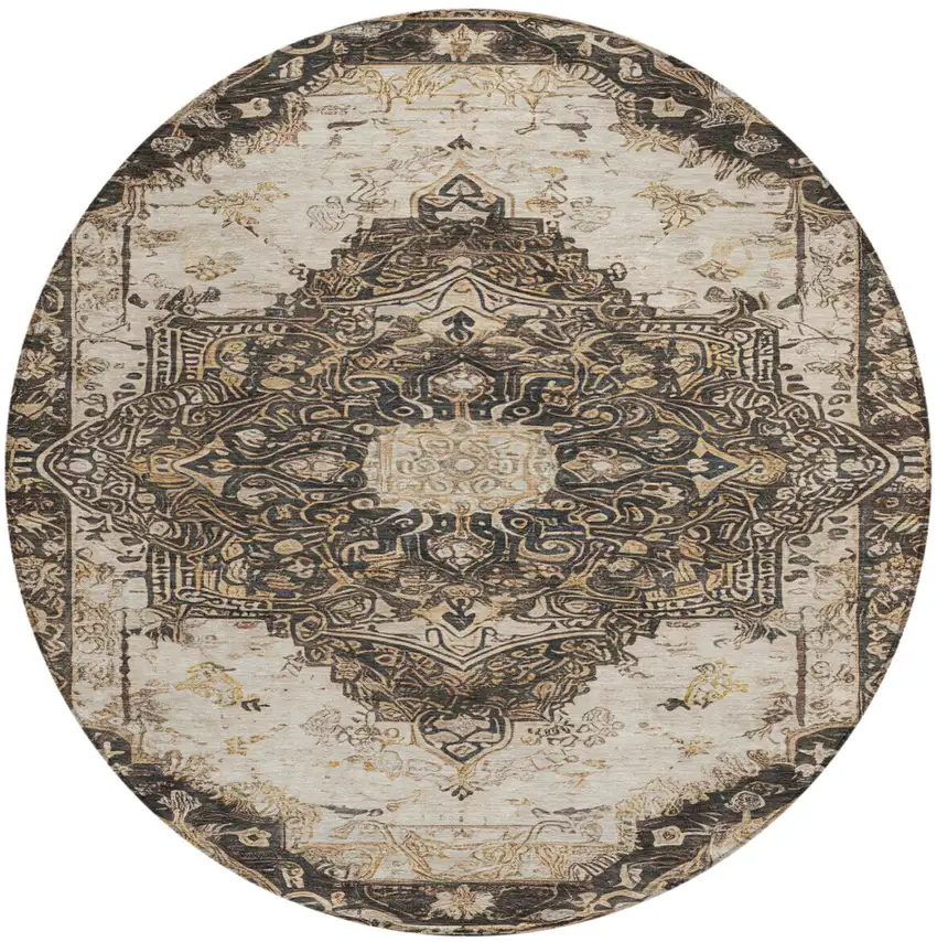 8' Brown And Chocolate Round Floral Medallion Washable Indoor Outdoor Area Rug Photo 3