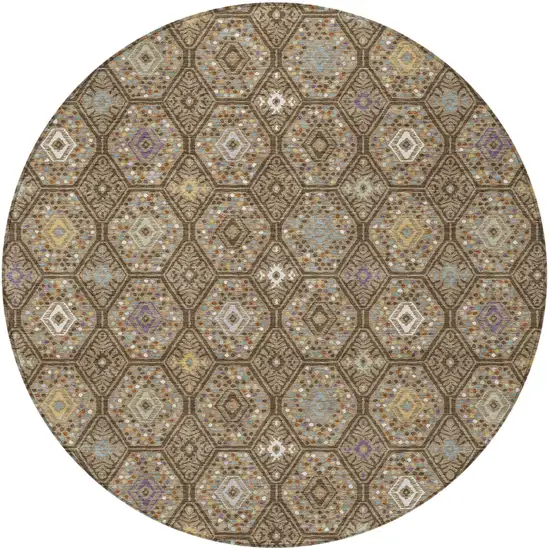 8' Brown And Chocolate Round Geometric Washable Indoor Outdoor Area Rug Photo 3