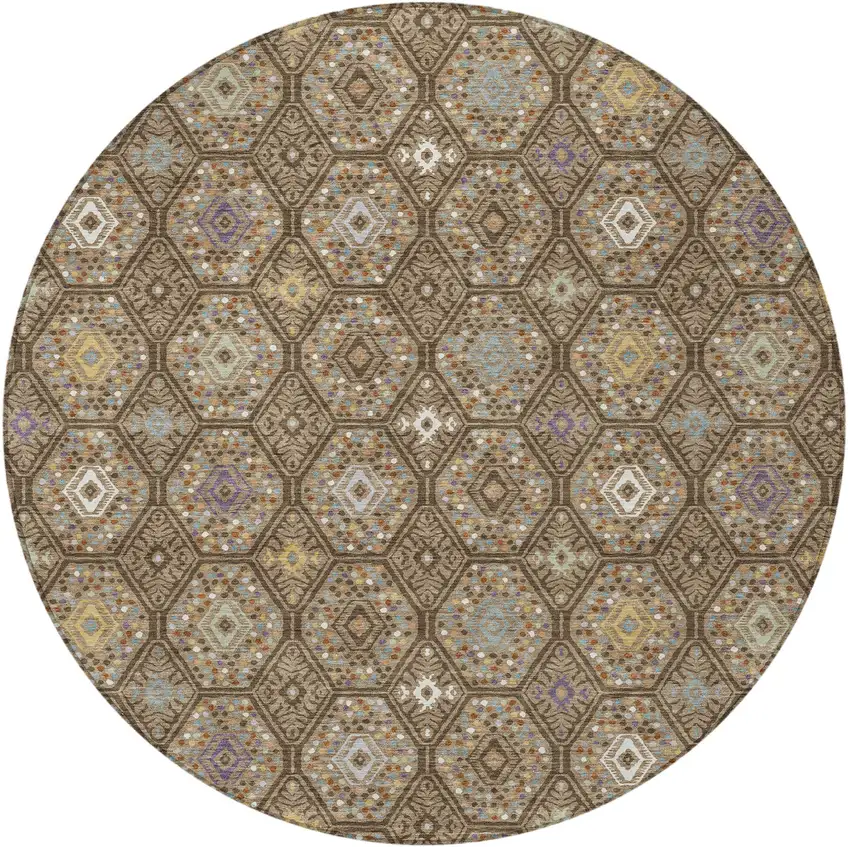 8' Brown And Chocolate Round Geometric Washable Indoor Outdoor Area Rug Photo 3