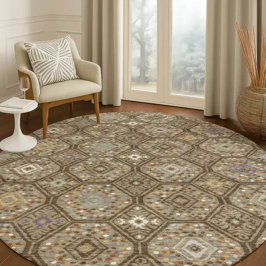 8' Brown And Chocolate Round Geometric Washable Indoor Outdoor Area Rug Photo 5