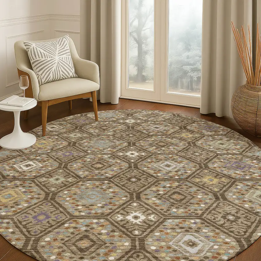 8' Brown And Chocolate Round Geometric Washable Indoor Outdoor Area Rug Photo 5