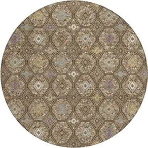 Photo of 8' Brown And Chocolate Round Geometric Washable Indoor Outdoor Area Rug