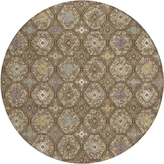 8' Brown And Chocolate Round Geometric Washable Indoor Outdoor Area Rug Photo 1