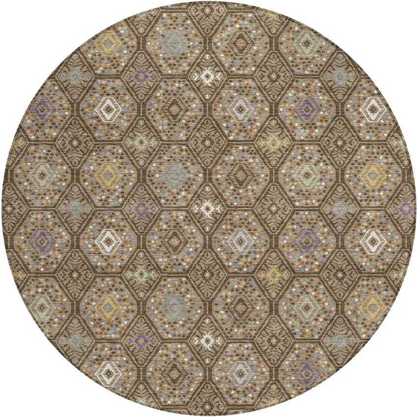 8' Brown And Chocolate Round Geometric Washable Indoor Outdoor Area Rug Photo 1