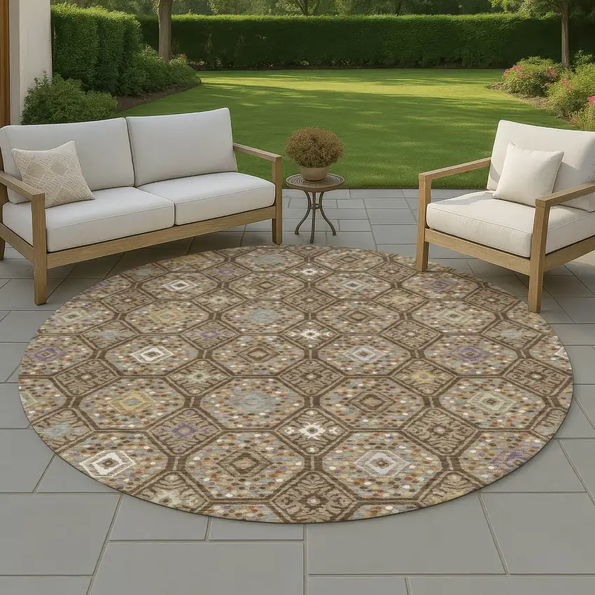 8' Brown And Chocolate Round Geometric Washable Indoor Outdoor Area Rug Photo 4