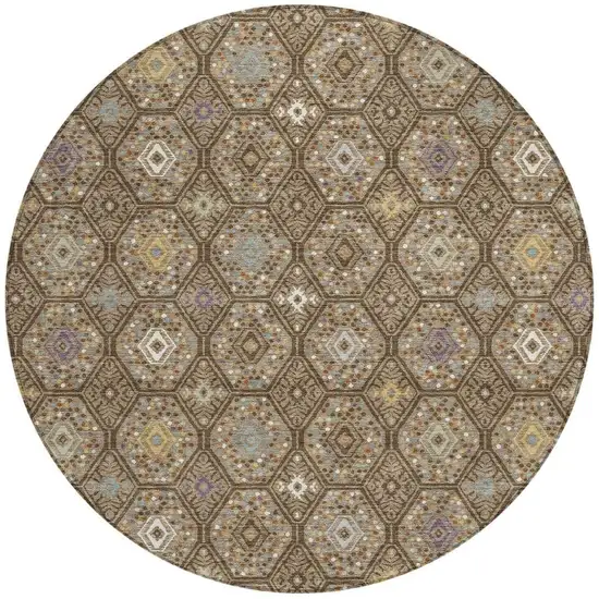 8' Brown And Chocolate Round Geometric Washable Indoor Outdoor Area Rug Photo 2