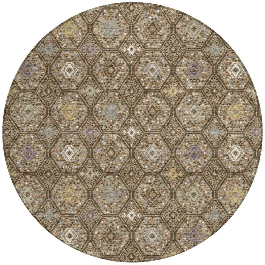 8' Brown And Chocolate Round Geometric Washable Indoor Outdoor Area Rug Photo 2
