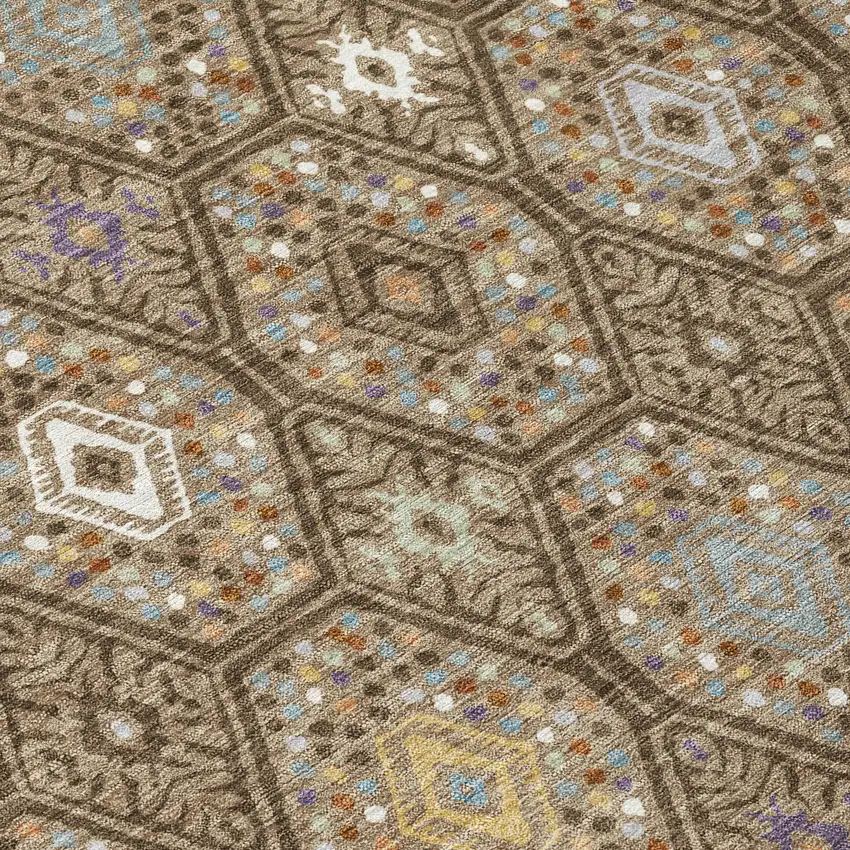 8' Brown And Chocolate Round Geometric Washable Indoor Outdoor Area Rug Photo 7