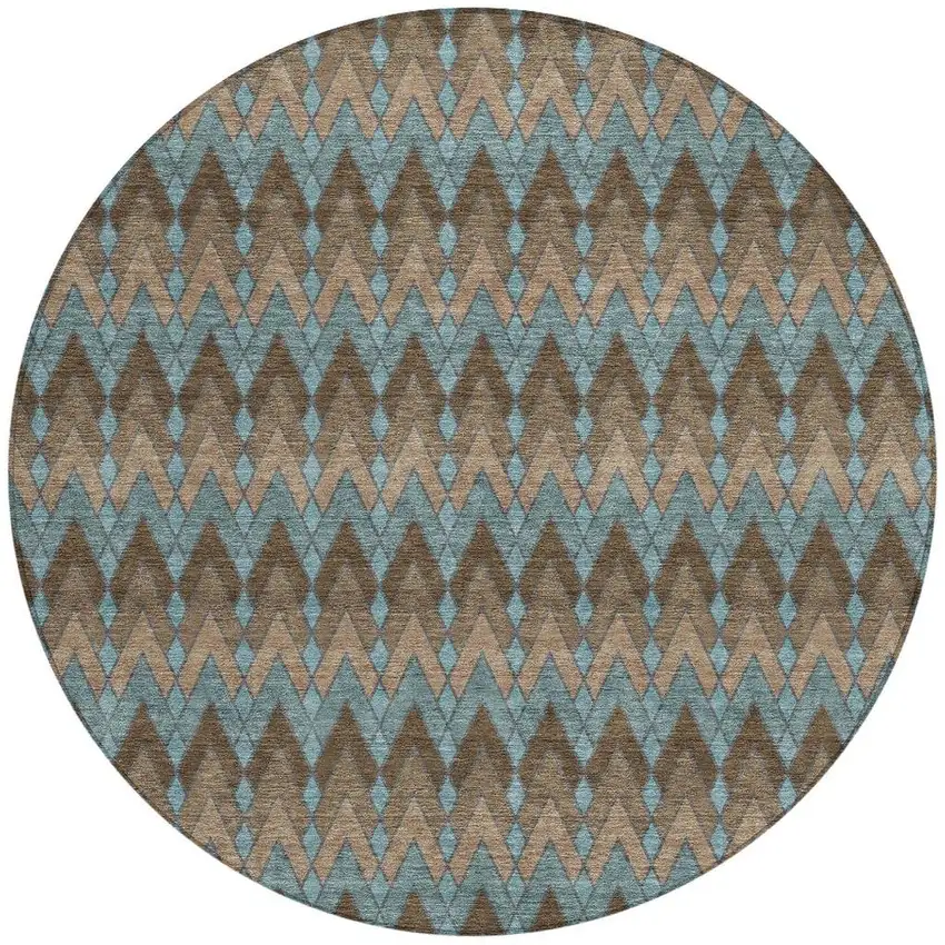 8' Brown And Chocolate Round Geometric Washable Indoor Outdoor Area Rug Photo 4