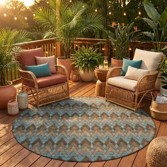 8' Brown And Chocolate Round Geometric Washable Indoor Outdoor Area Rug Photo 1