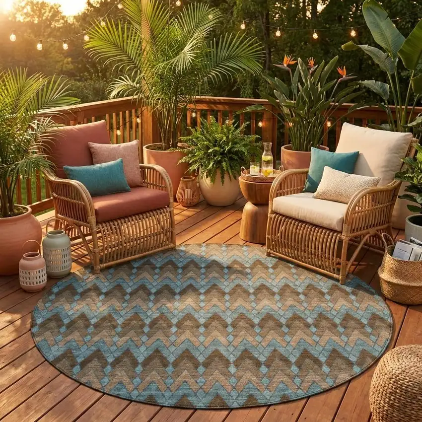 8' Brown And Chocolate Round Geometric Washable Indoor Outdoor Area Rug Photo 1