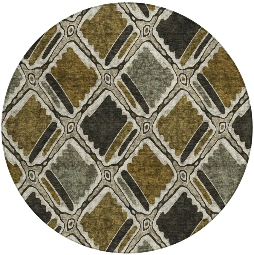 8' Brown And Chocolate Round Geometric Washable Indoor Outdoor Area Rug Photo 2