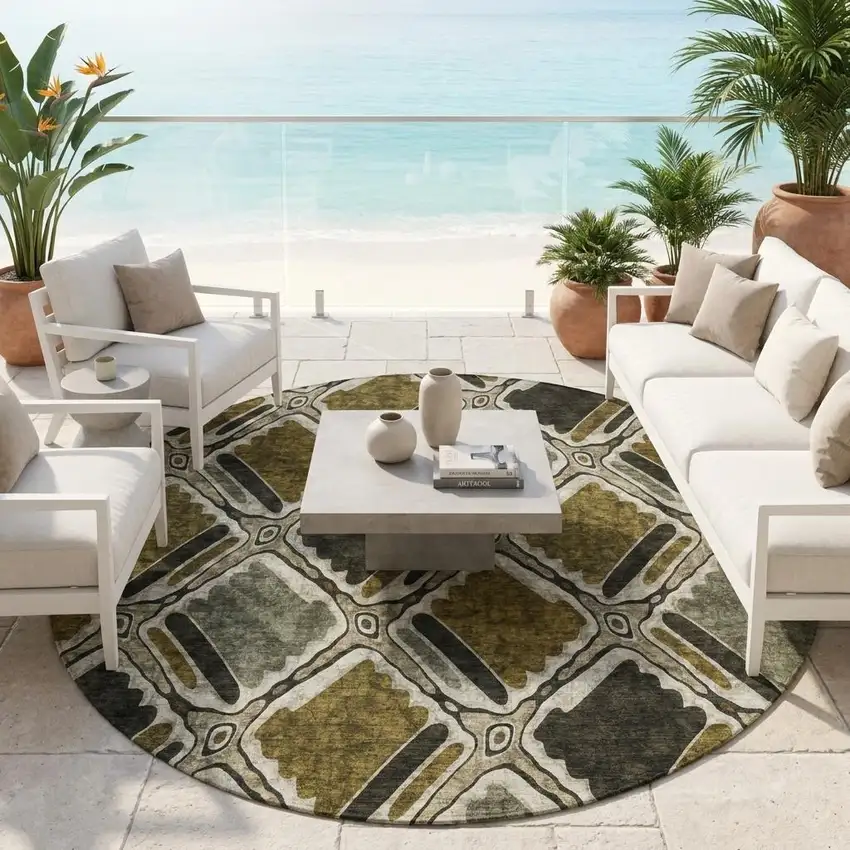 8' Brown And Chocolate Round Geometric Washable Indoor Outdoor Area Rug Photo 1