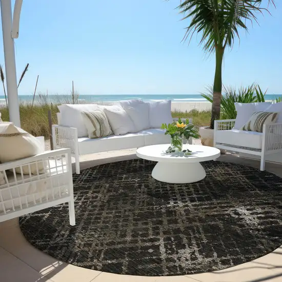 8' Brown And Chocolate Round Geometric Washable Indoor Outdoor Area Rug Photo 8