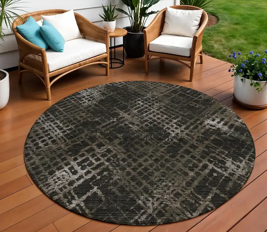 8' Brown And Chocolate Round Geometric Washable Indoor Outdoor Area Rug Photo 1