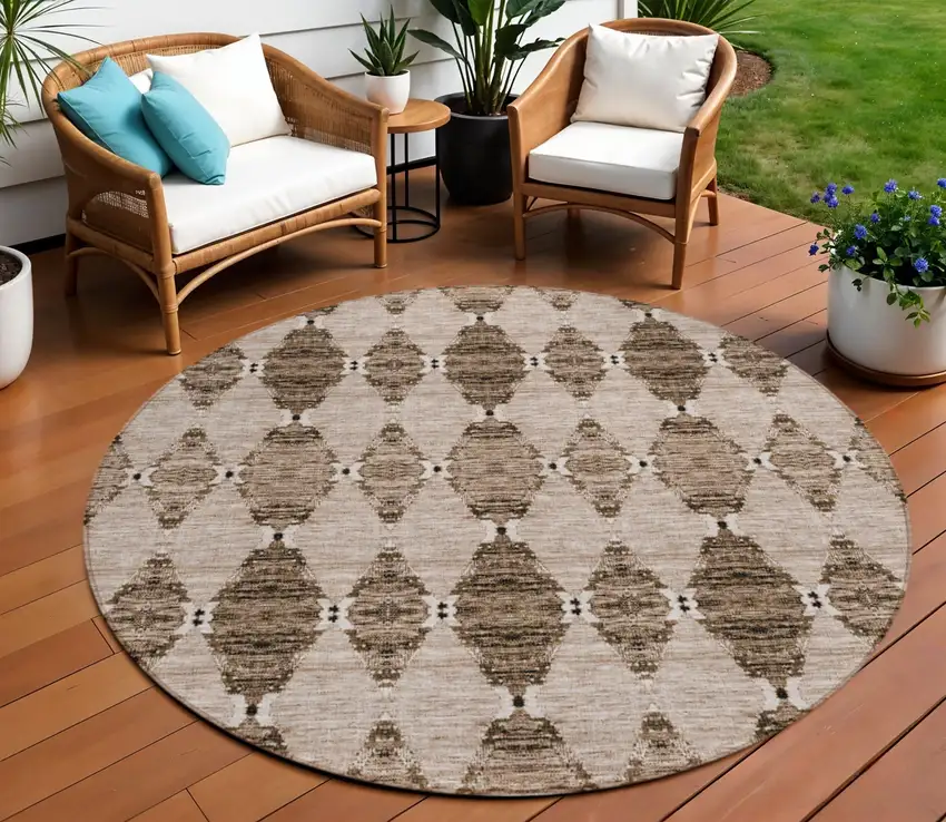 8' Brown And Chocolate Round Moroccan Washable Indoor Outdoor Area Rug Photo 1