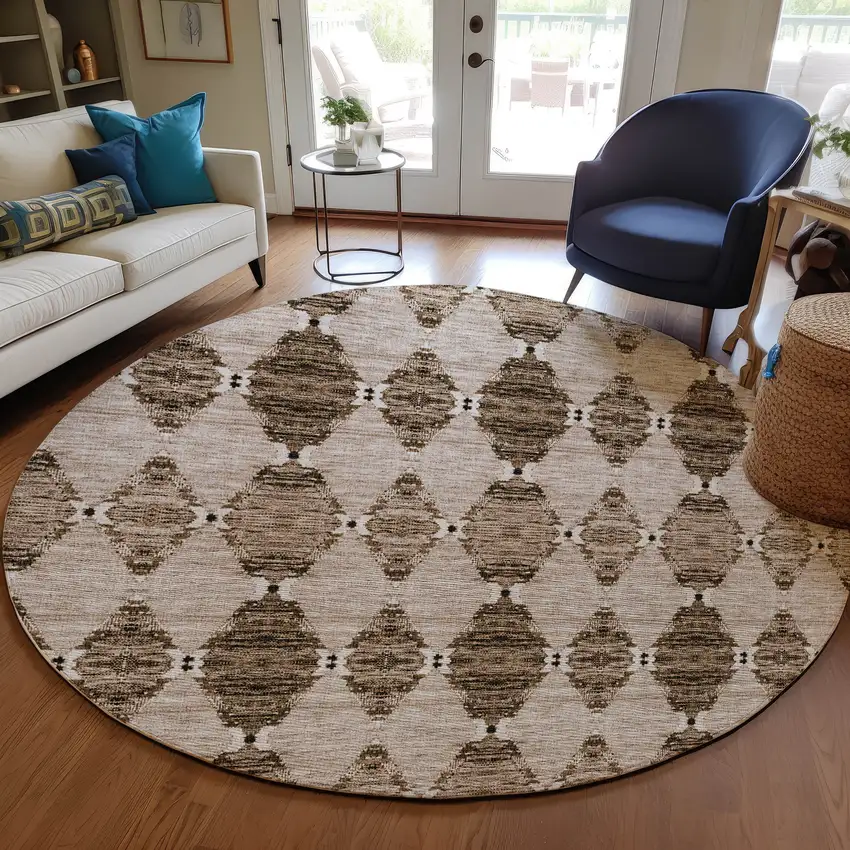 8' Brown And Chocolate Round Moroccan Washable Indoor Outdoor Area Rug Photo 7