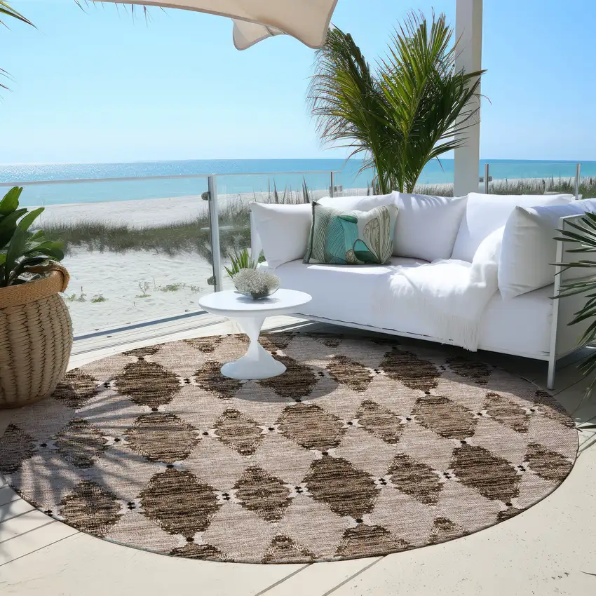 8' Brown And Chocolate Round Moroccan Washable Indoor Outdoor Area Rug Photo 6