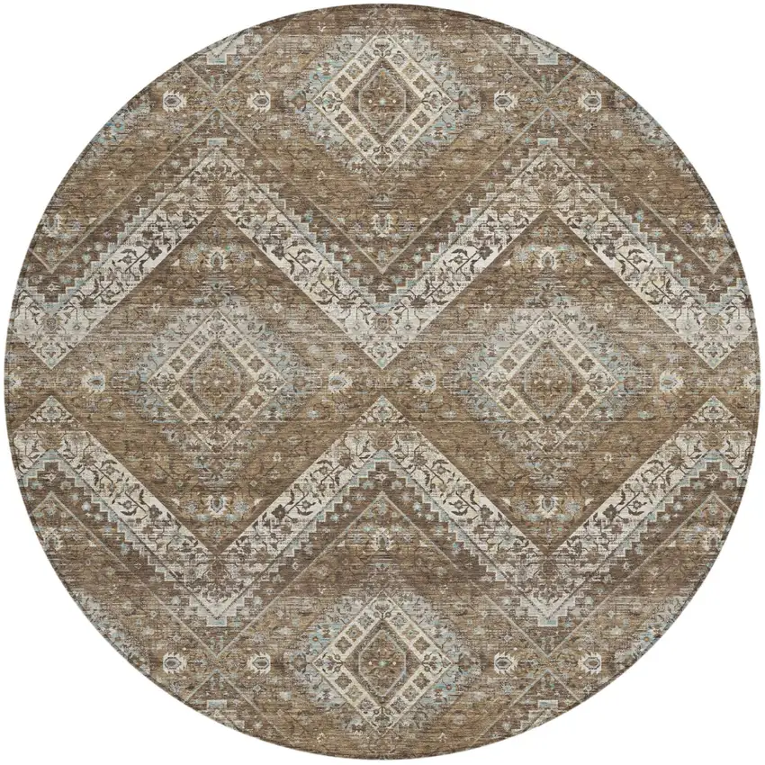 8' Brown And Chocolate Round Tribal Washable Indoor Outdoor Area Rug Photo 2