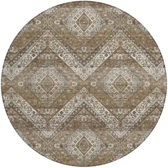 8' Brown And Chocolate Round Tribal Washable Indoor Outdoor Area Rug Photo 2