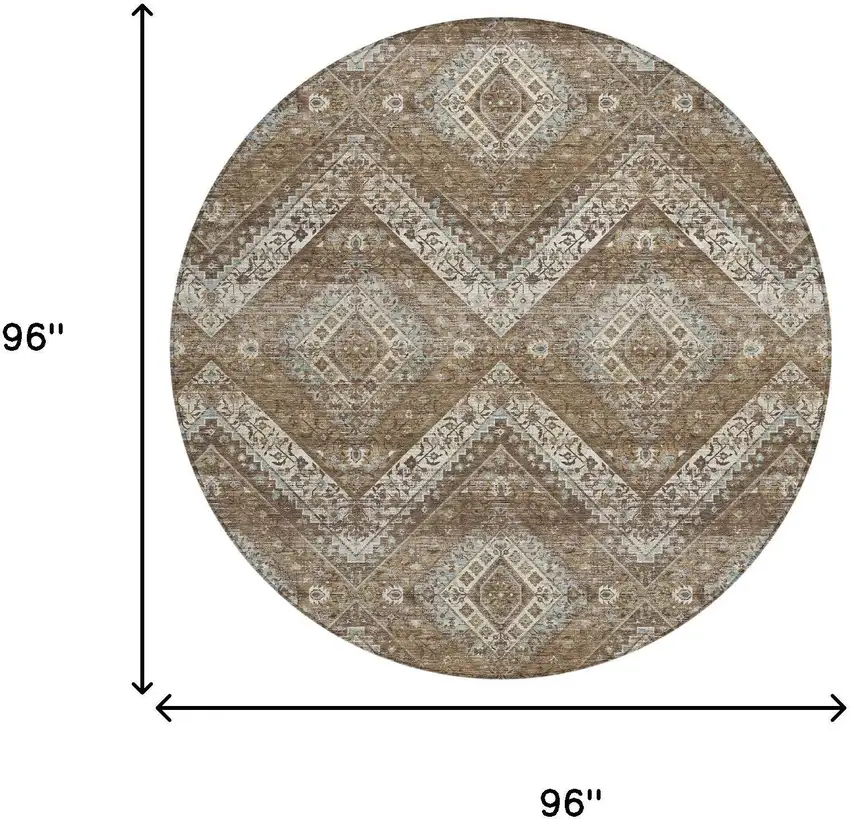 8' Brown And Chocolate Round Tribal Washable Indoor Outdoor Area Rug Photo 7