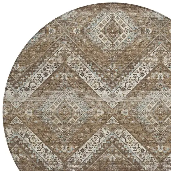 8' Brown And Chocolate Round Tribal Washable Indoor Outdoor Area Rug Photo 3