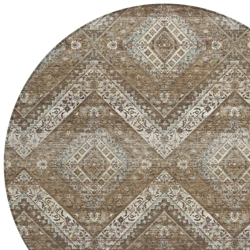 8' Brown And Chocolate Round Tribal Washable Indoor Outdoor Area Rug Photo 3