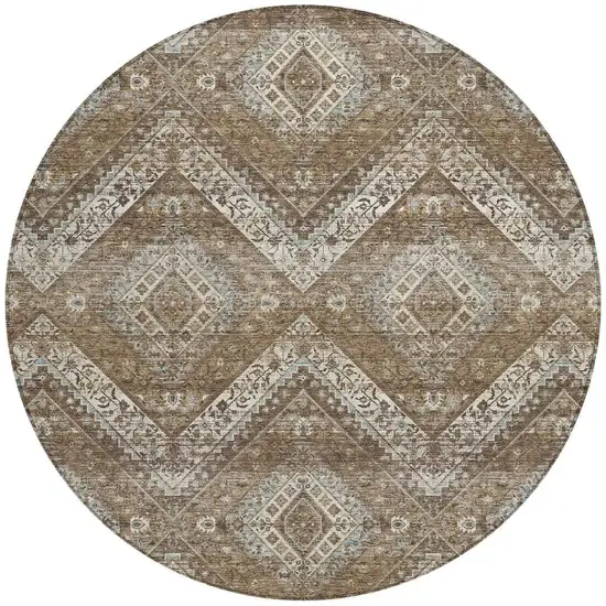 8' Brown And Chocolate Round Tribal Washable Indoor Outdoor Area Rug Photo 4