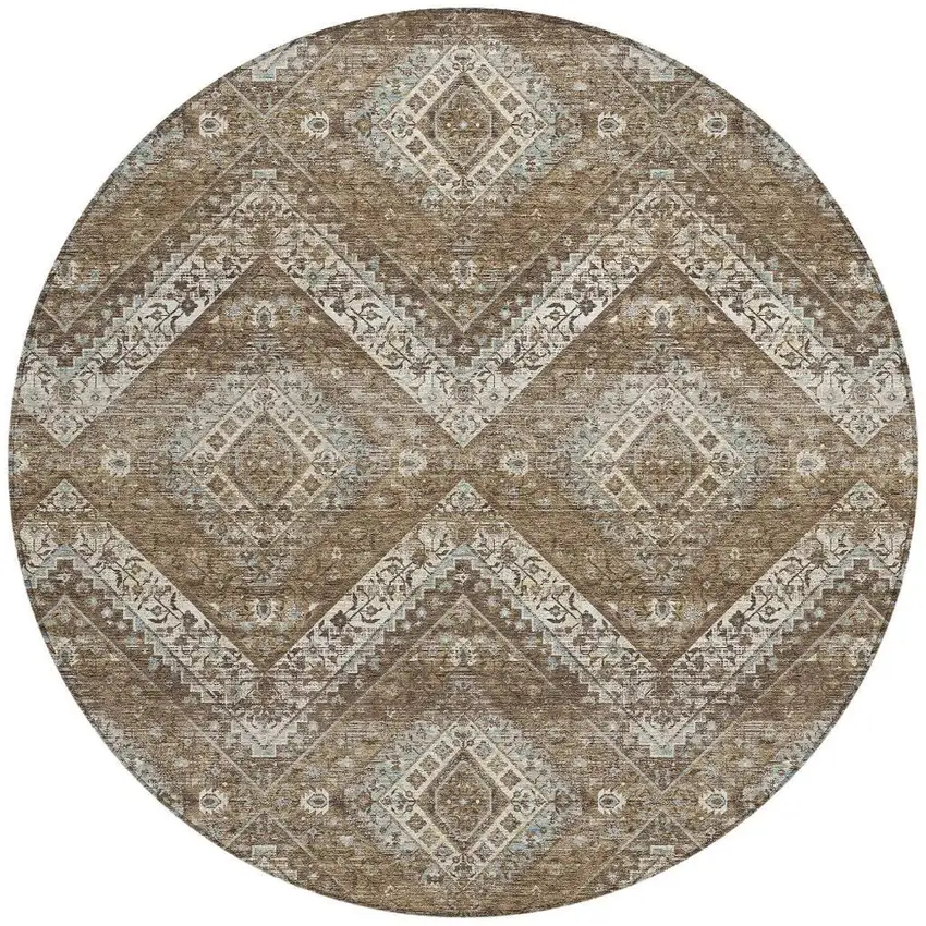 8' Brown And Chocolate Round Tribal Washable Indoor Outdoor Area Rug Photo 4