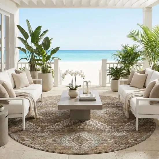 8' Brown And Chocolate Round Tribal Washable Indoor Outdoor Area Rug Photo 1