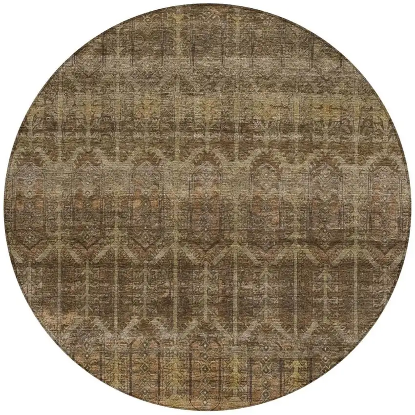8' Brown And Chocolate Round Tribal Washable Indoor Outdoor Area Rug Photo 4