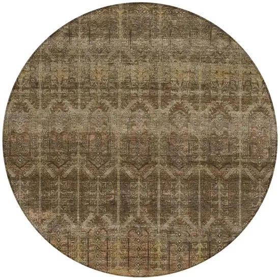 8' Brown And Chocolate Round Tribal Washable Indoor Outdoor Area Rug Photo 4