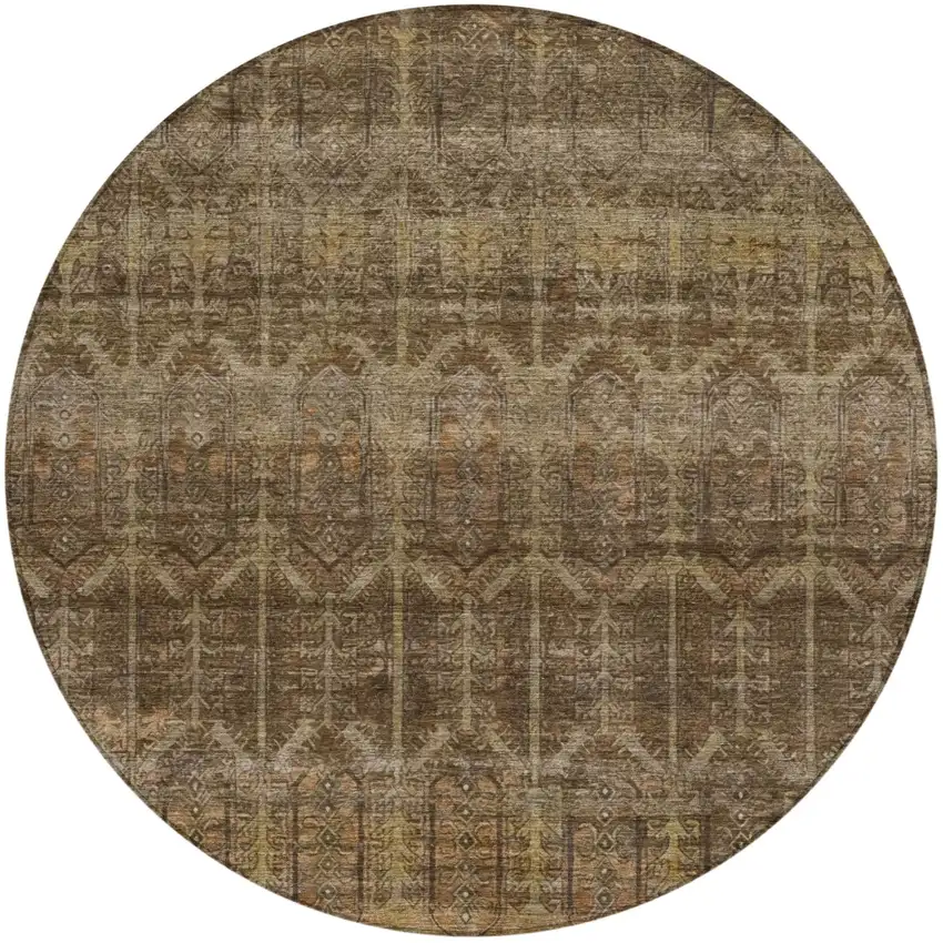 8' Brown And Chocolate Round Tribal Washable Indoor Outdoor Area Rug Photo 2