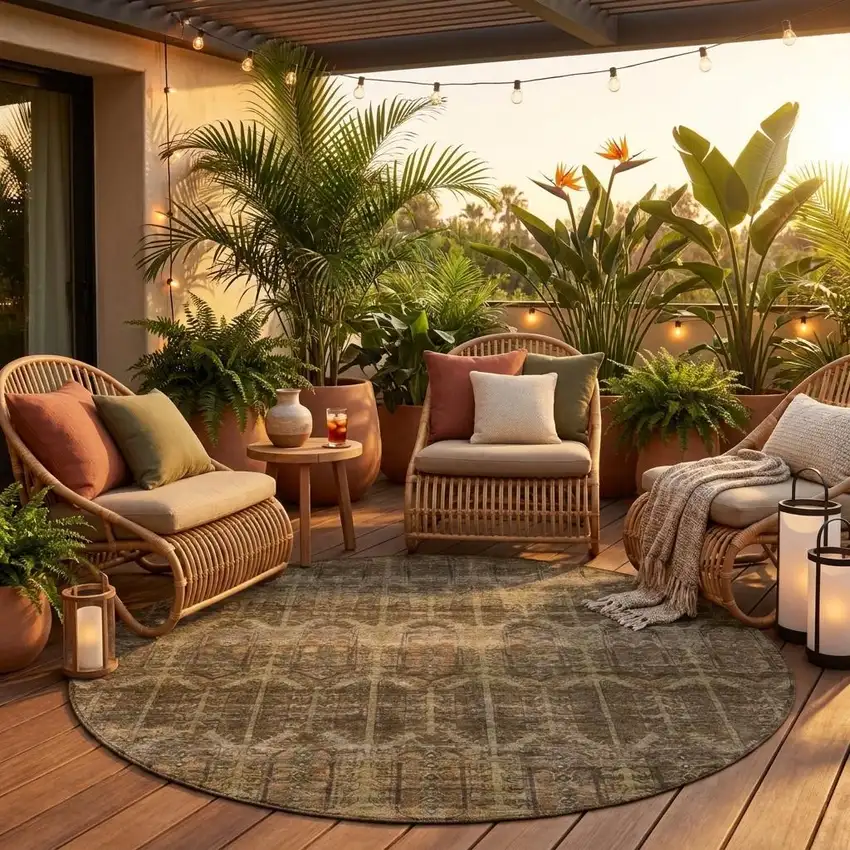 8' Brown And Chocolate Round Tribal Washable Indoor Outdoor Area Rug Photo 1
