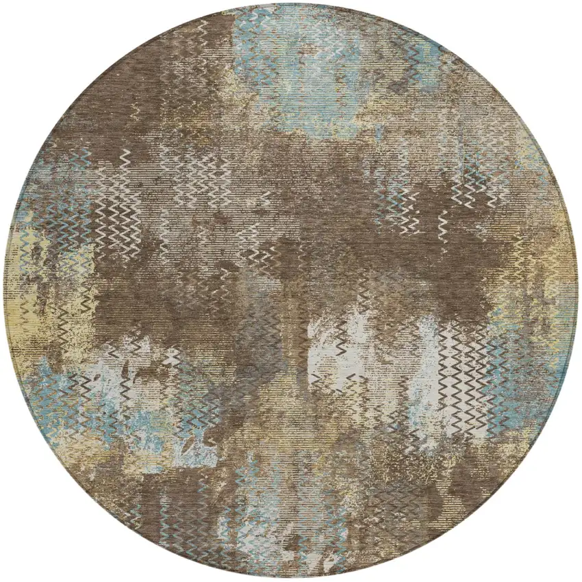8' Brown And Coffee Round Abstract Washable Indoor Outdoor Area Rug Photo 2