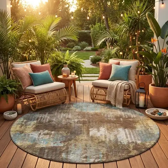 8' Brown And Coffee Round Abstract Washable Indoor Outdoor Area Rug Photo 1